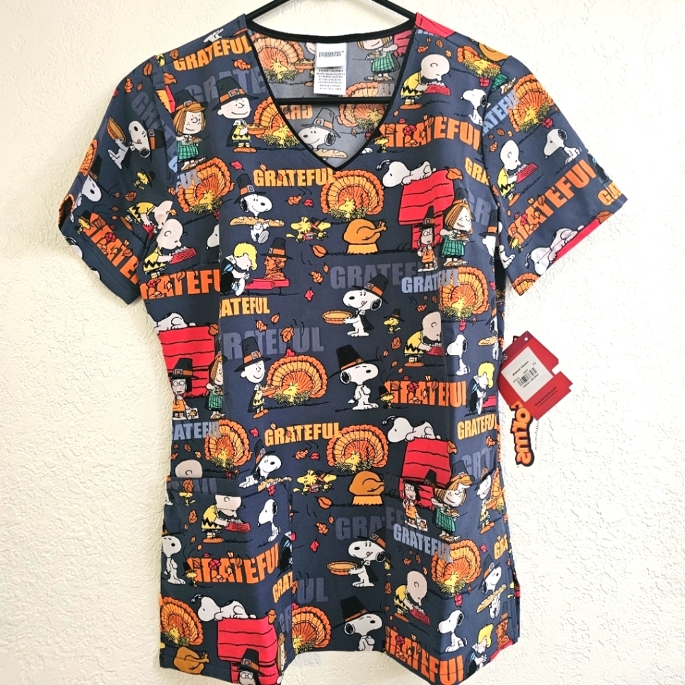 Peanuts Grateful Thanksgiving Gray Short Sleeve Scrub Top Xs Nwt Tooniforms